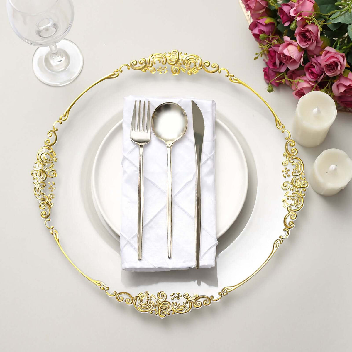 6-Pack Acrylic Charger Plates 13" Round Clear with Gold Embossed Baroque Rim - Antique Decorative Dinner Tableware